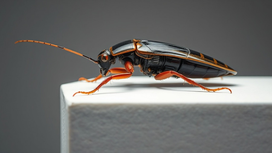 Cyborg cockroach equipped with microcircuitry on white background for search and rescue technology.