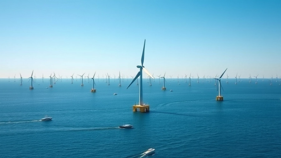 Two-headed wind turbine offshore with boats on a calm ocean.
