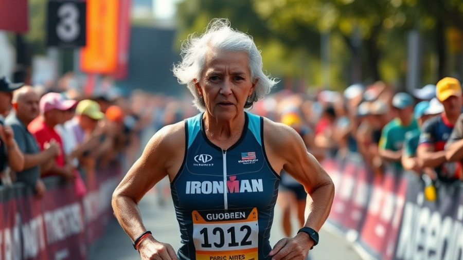 80-year-old female athlete finishes Ironman World Championship, vibrant night race.