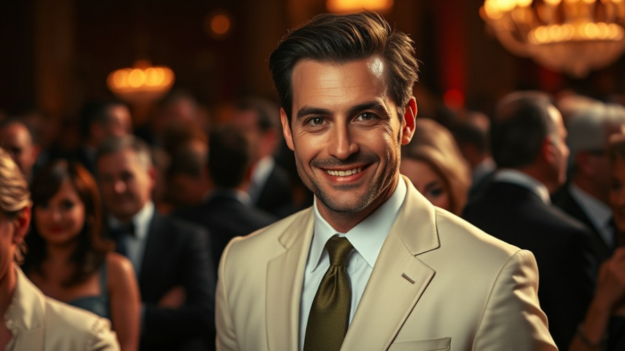Confident man in cream suit smiling at a formal event, inspiring entrepreneurs