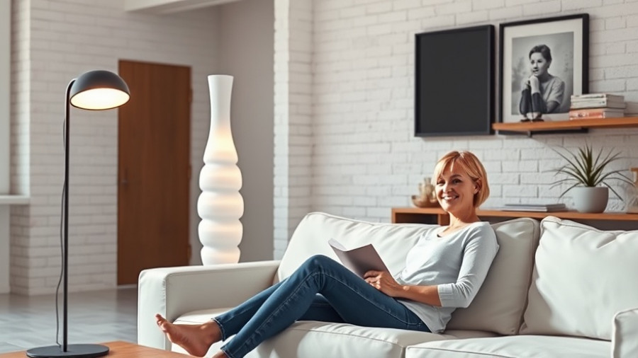 Modern room with sleek lava lamp beside smiling woman on a white couch.