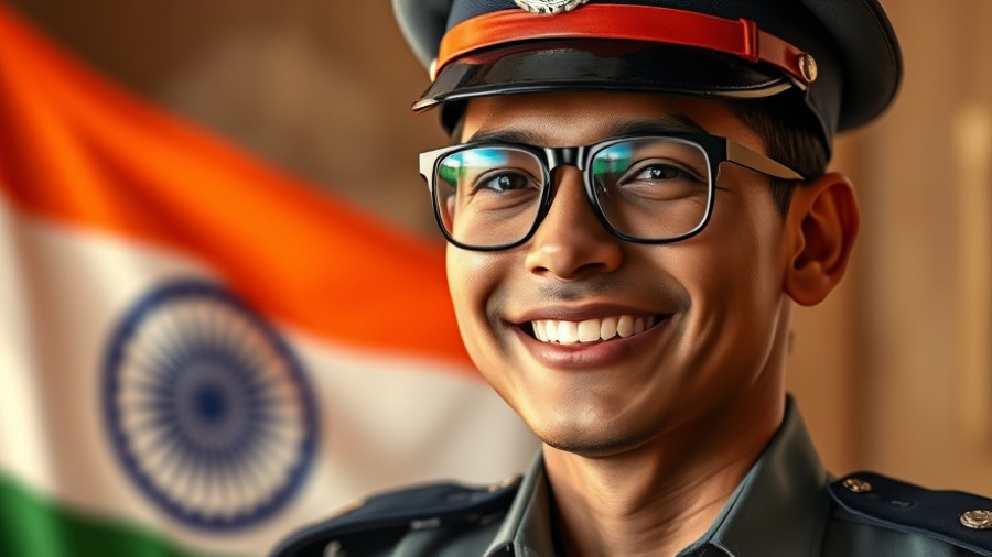 Indian police officer smiling with flag backdrop; AI Policing in Maharashtra.