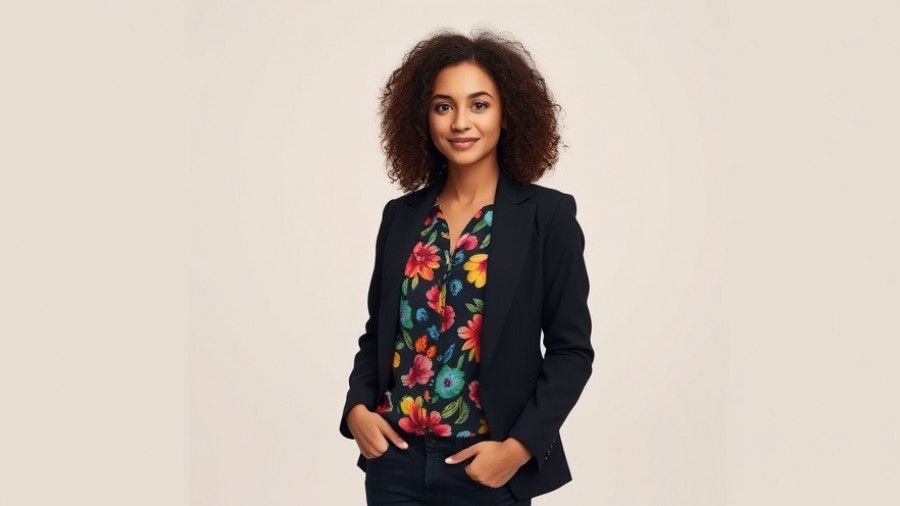 Young woman with curly hair in a colorful shirt, neutral pose.