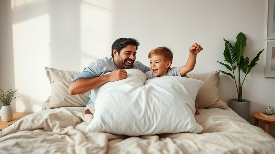 Father and son enjoying a pillow fight; good news this week in family bonding.