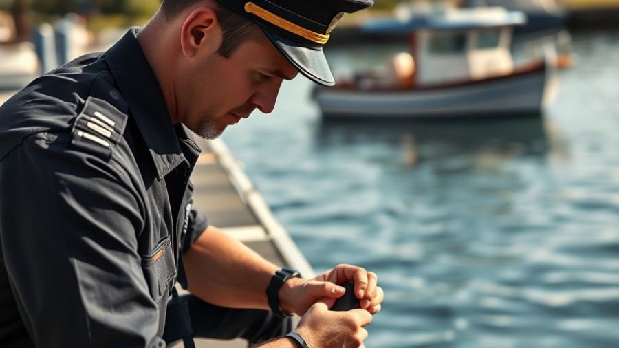 Officer prepares to swim to save dog on calm water.