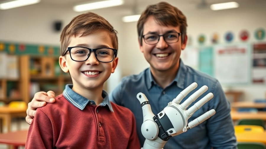 Young boy with 3D printed prosthetic hand in school setting.