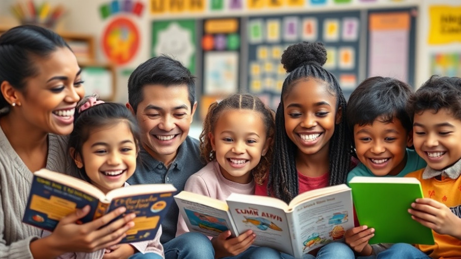 Volunteers and children foster literacy in colorful classroom.