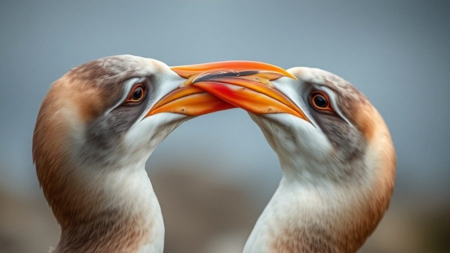 Close-up of two interacting seabirds with vibrant beaks.
