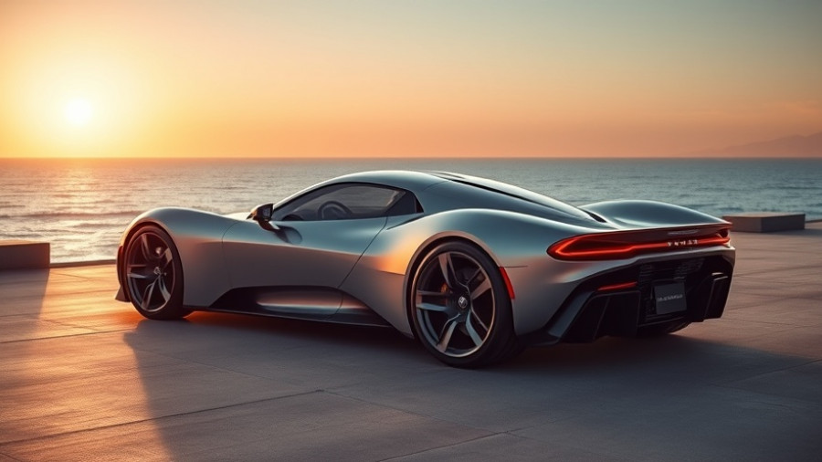 Futuristic Ferrari F76 on concrete deck at sunset.