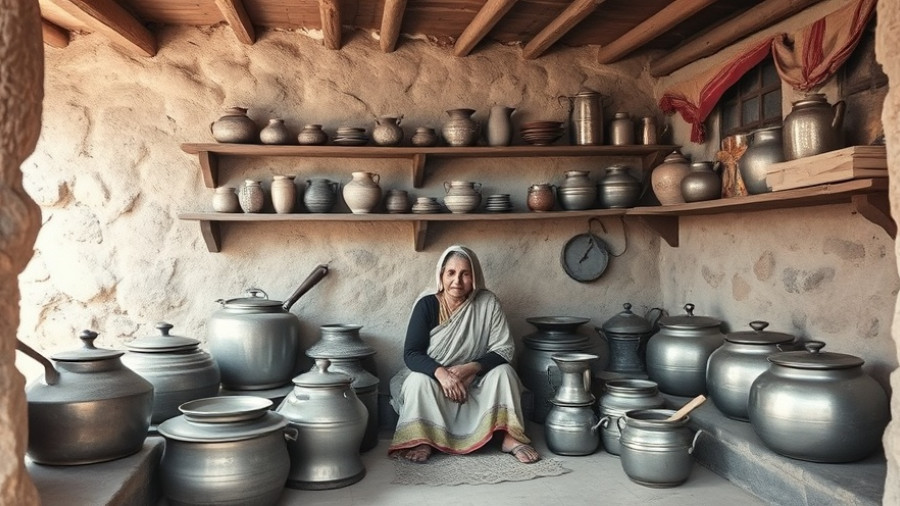 Historical view of traditional Ladakhi kitchen with local woman and utensils.