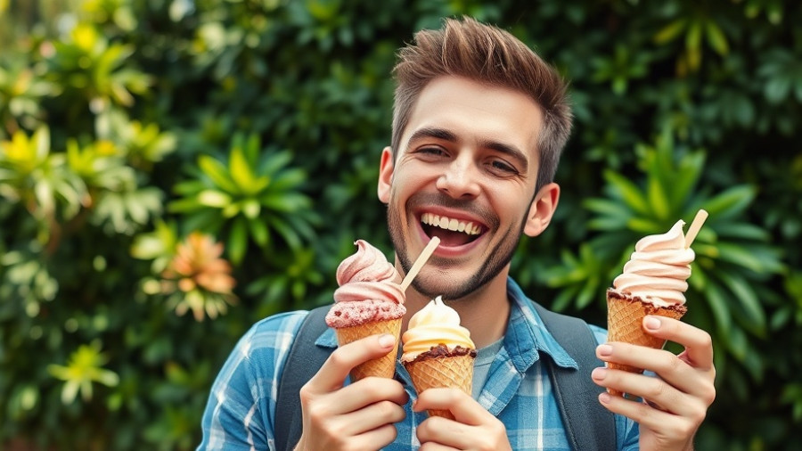 Ice Berg Organic Ice Creams vibrant assortment and happy customer outside.
