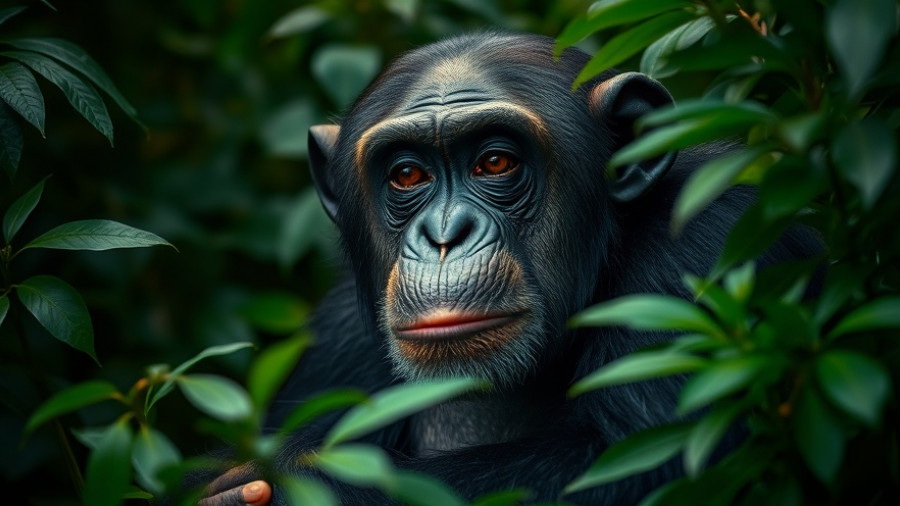 Thoughtful chimpanzee in jungle foliage, showcasing rational thinking.