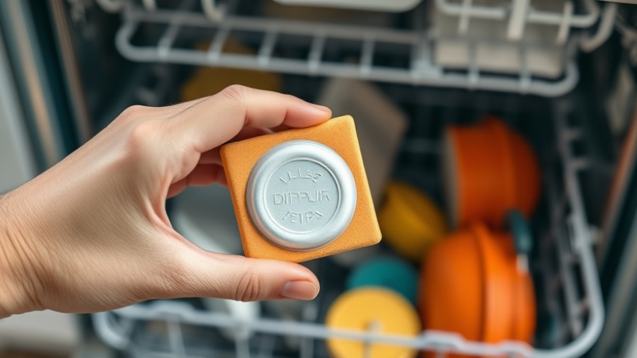 Hand holding a dishwasher tablet in front of an open dishwasher, dishwasher tablet cleaning hacks.