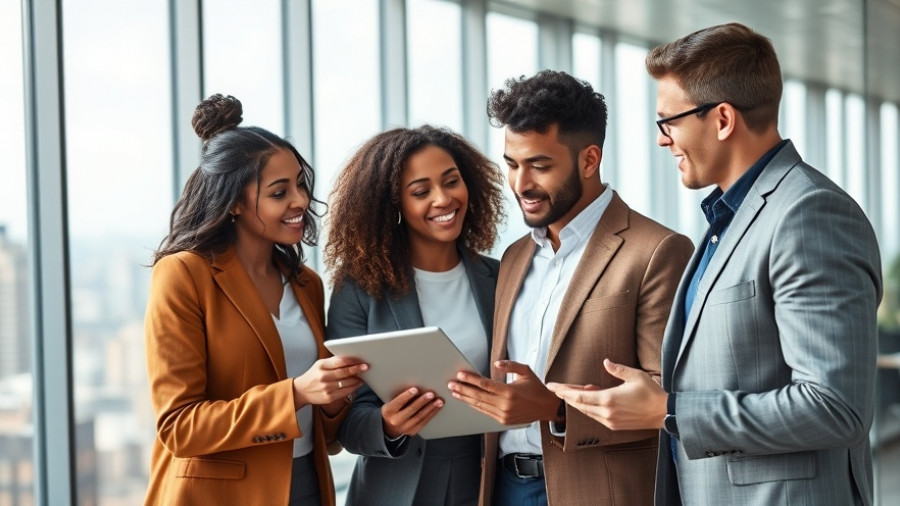 Hidden beliefs in leadership: Professionals discussing around a tablet in an office.