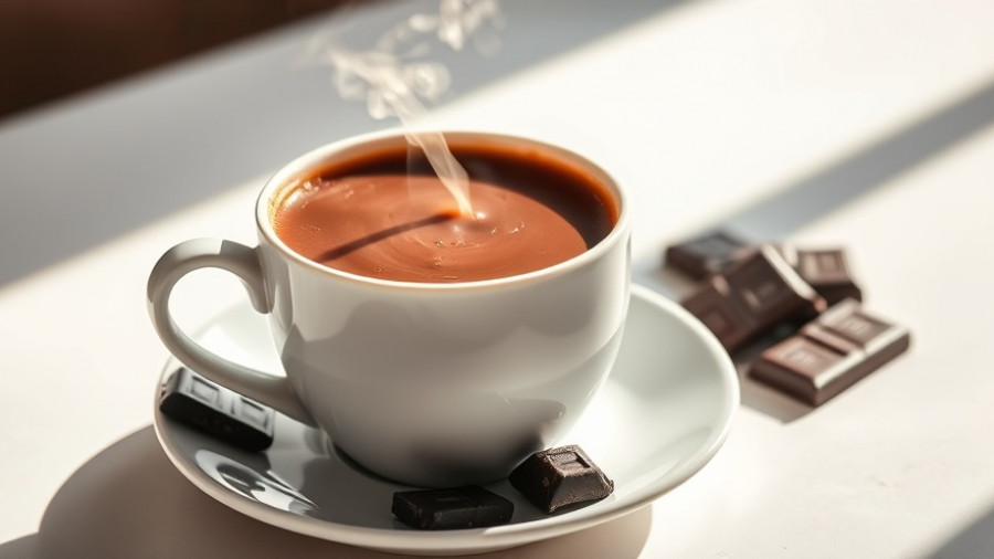Cup of cocoa and dark chocolate for cocoa health benefits.