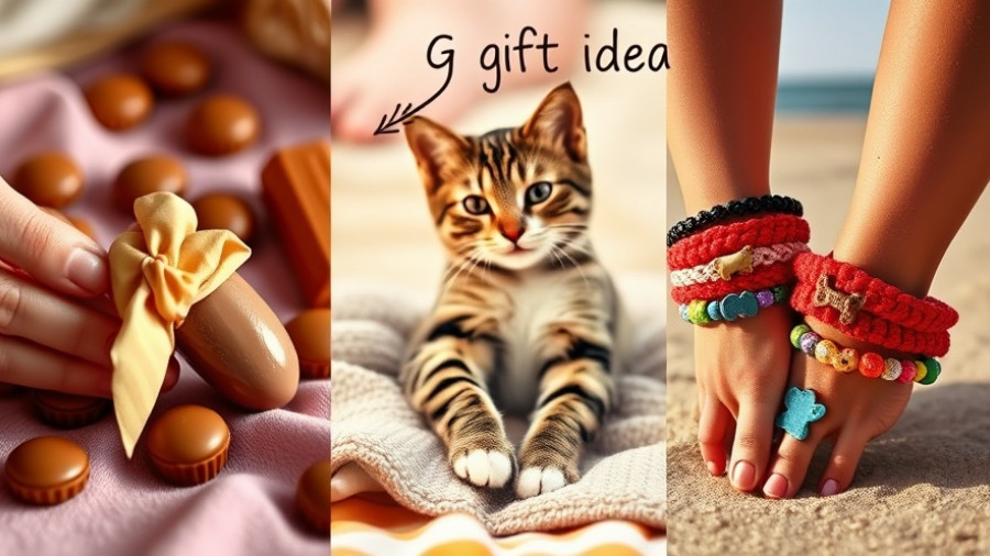 Unique gifts for animal lovers: chocolate, cat-print socks, beaded bracelets.