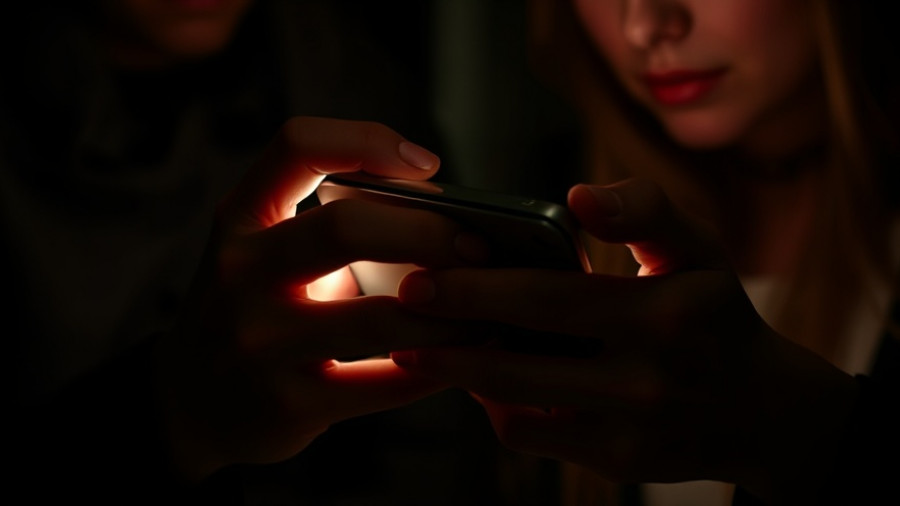 Close-up of hands using smartphone in dark, low light.