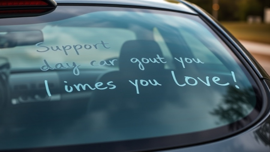 Car window with supportive message expressing love.
