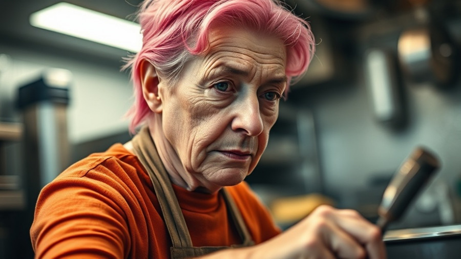 Focused chef with pink hair working in a kitchen, positive business news.
