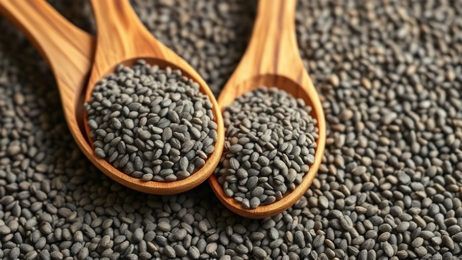 Close-up of spoons filled with chia seeds on scattered seeds background.