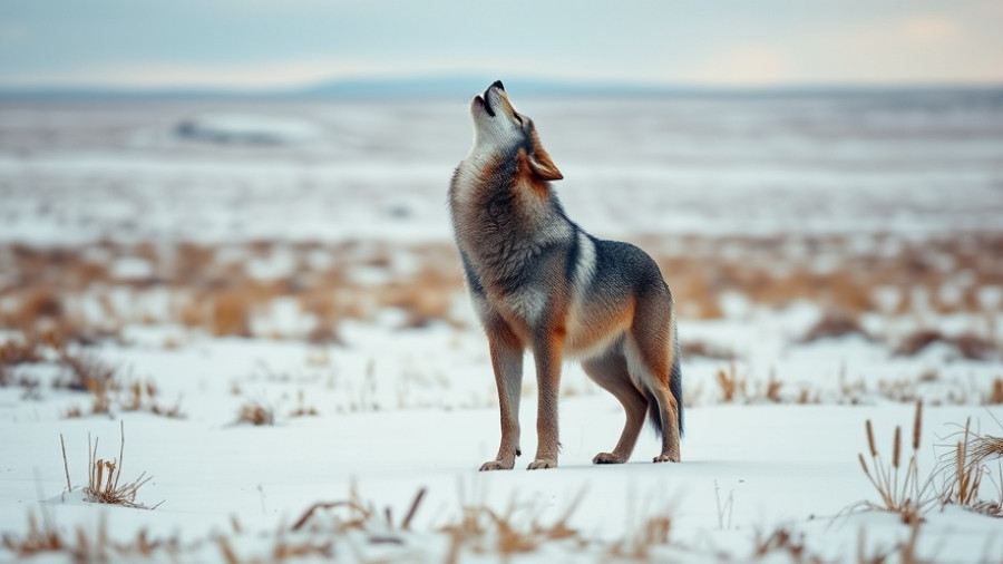 Gray wolf howling in snow at Yellowstone National Park.