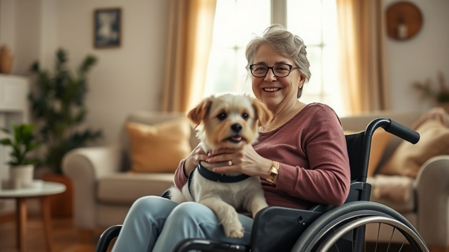 Woman with ALS and dog, cozy room, natural light.