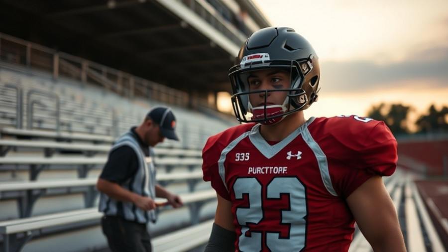 High school football player helps custodian clean bleachers in stadium.
