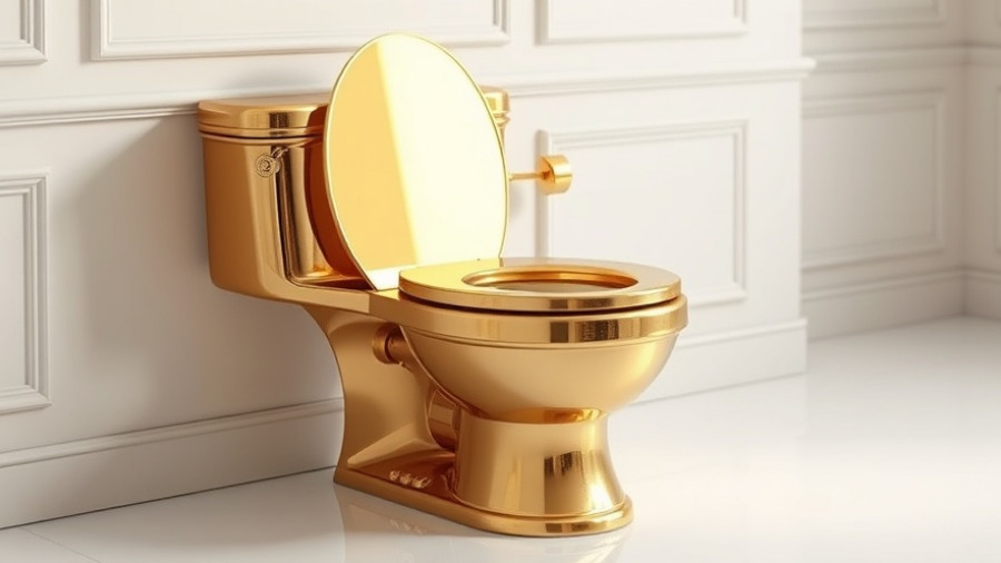 Luxurious golden toilet at Sotheby's auction gleaming in minimal setting.