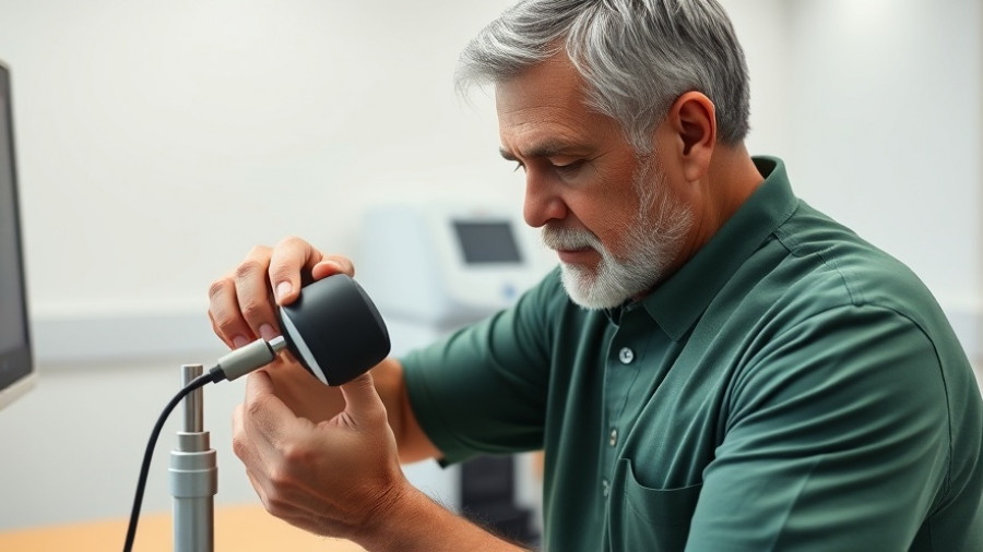 Middle-aged man using a pancreatic cancer breath test device in a clinical setting.