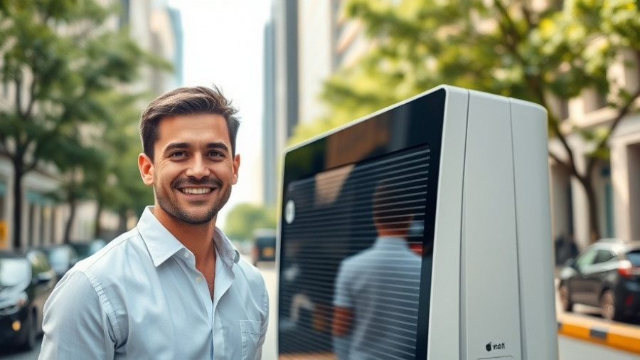 Young man smiling beside advanced air purification technology in urban setting.