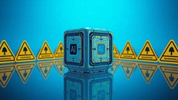 Generative AI anxiety in the workplace depicted as AI cube with warning signs.