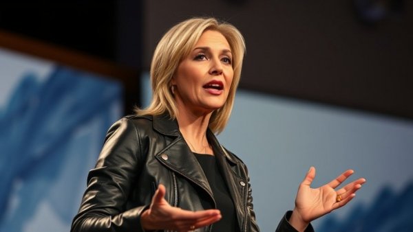 Confident woman speaking on stage about financial reporting.