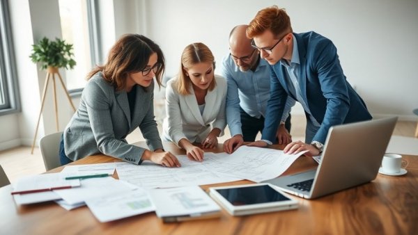 Professionals analyzing project plans in a collaborative meeting.