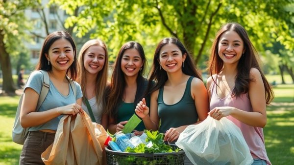 Young women litter picking in a park, competitive setting.