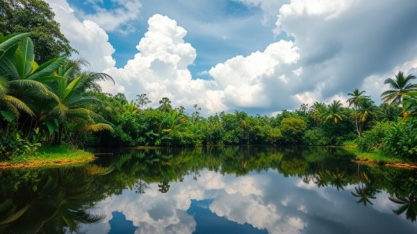 Vibrant Amazon rainforest reflecting on water, highlighting deforestation.
