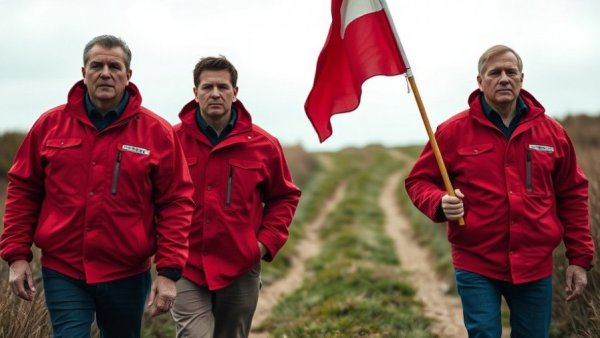 Three men hiking for suicide prevention awareness, carrying flags, cloudy day.