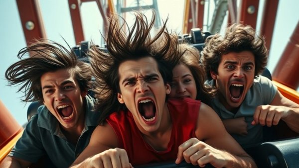 Terrified roller coaster riders experiencing seat belt malfunction