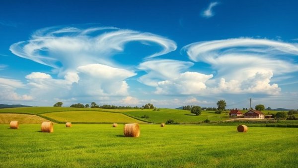 Vibrant rural landscape with wave-like clouds under a clear sky, positive business news.