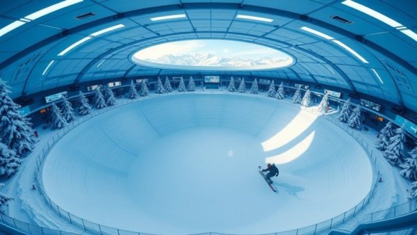 Revolutionize indoor skiing in a futuristic circular arena with snowy mountains.