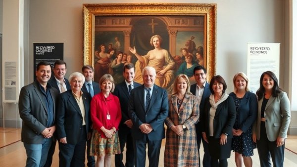 Dignitaries displaying recovered artwork in museum setting.
