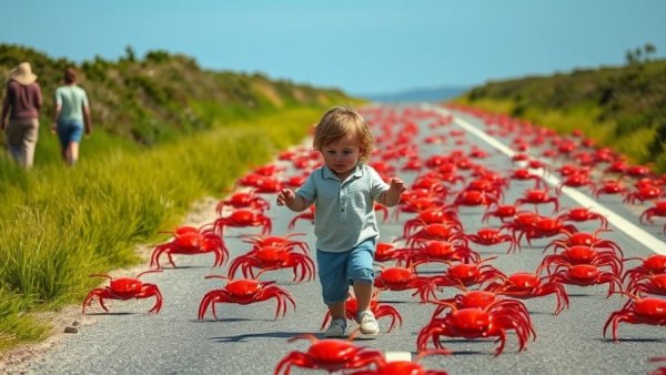 Child walking with crabs during Christmas Island crab migration
