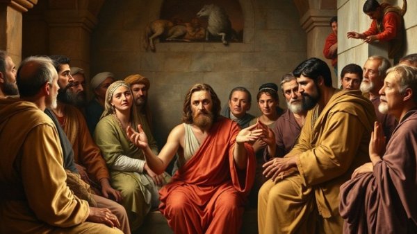 Ancient fresco depicting gratitude and teachings, vibrant biblical scene.