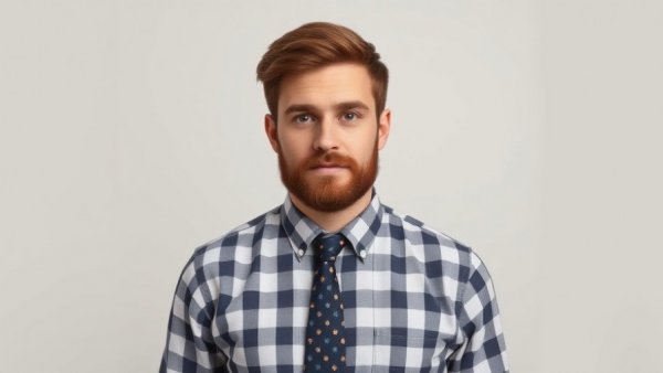 Young business professional with plaid shirt and tie, front view portrait.