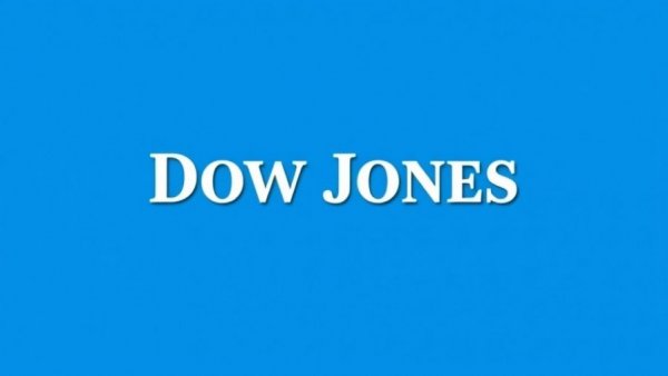 Minimalistic Dow Jones logo on bright blue background, SEO keyword: Dow Jones revenue rise