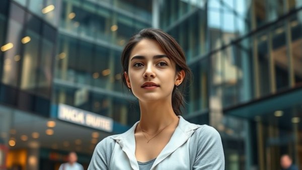 Confident young woman standing in modern urban setting, Ehtesab App Afghanistan.