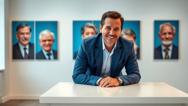 Man in blue suit leans on table with elderly portraits behind, illustrating community support - How Lithuania Halved Its Suicide Rate.