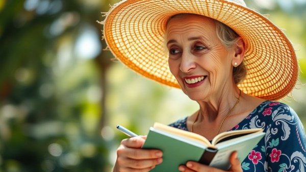 81-year-old widow writing joyfully in a journal, finding joy through travel.