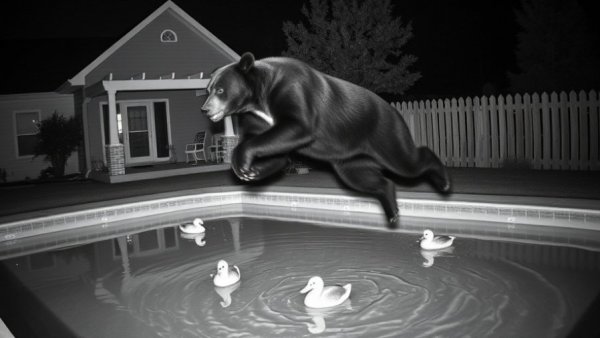Nocturnal bear jumping over pool at night; Bears Nocturnal Behavior.