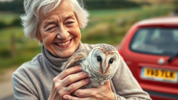 Elderly woman smiling, holding barn owl chick, conservation success story.