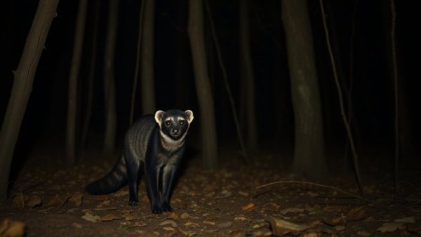 Curious Indian civet at nighttime in an Indian forest.